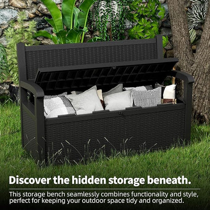 Vixzen 80 Gallon Outdoor Storage Bench Deck Box, Lockable All-Weather Resin Seating with Hidden Storage, Waterproof Patio Furniture for Garden, Pool, Black