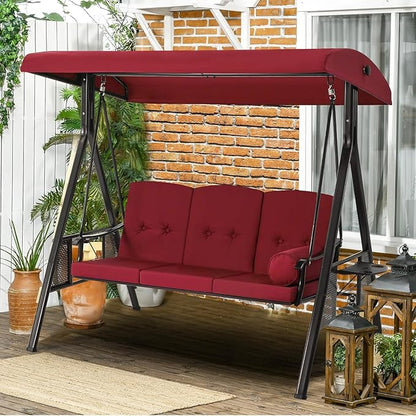 AECOJOY Outdoor Porch Swing, 3-Seat Porch Swing with Adjustable Canopy, Outdoor Swings for Adult with Burgundy Removable Cushions for Backyard, Garden, Yard, Poolside, Balcony