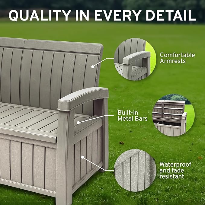 EconoHome 3 Seat Outdoor Storage Bench with Rain Cover - 90 Gallon Capacity - Weatherproof Resin Bench for Patio, Porch - Photo 5