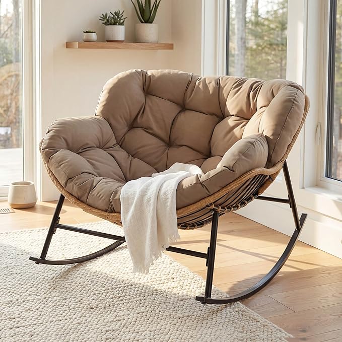 NICESOUL Oversized Papasan Rocking Chair with Cushion, All-Weather Wicker Egg Rocker Indoor Outdoor, 450 lbs Sturdy Comfy Recliner Glider Lounge Chair for Balcony Livingroom Bedroom Porch, Brown