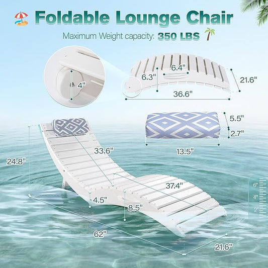 nalone Folding Pool Lounge Chairs Set of 2, HDPE Outdoor Pool Chaise Lounge with Pillow, Pre-Assembled Tanning Chairs with Wheels for Pool Beach Patio (2, White)