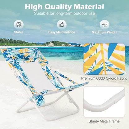 GYMAX Beach Chair Set of 4, Folding Sling Chairs with Headrest, Cup Holder & Shoulder Strap, 330 LBS Portable Patio Lounge Chairs for Outside, Camping, Lawn, Deck, Backyard, Poolside (Blue,4 Pcs)