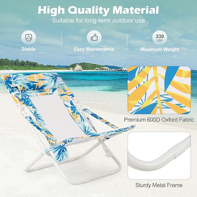 GYMAX Beach Chair Set of 2, Folding Sling Chairs with Headrest, Cup Holder & Shoulder Strap - Photo 6