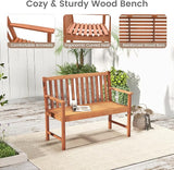 Giantex Outdoor Bench, Wood Patio Bench with Cozy Armrests & Backrest, Slatted Sitting Area, Eucalyptus Wood Frame - Photo 4
