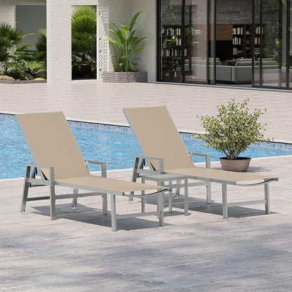 Patio Chaise Lounge Chair Outdoor with Wheels&Armrests, Aluminum Pool Lounge Chairs Five-Position Adjustable Recliner with Side Table, Outdoor Beach Lounge Chairs for Poolside, Deck, Garden, Khaki