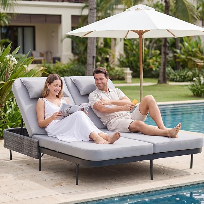 NICESOUL Double Chaise Lounge Outdoor, 51.2" Wide 2-Person Daybed with Independent Recline - Photo 3