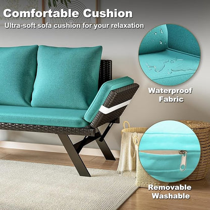 TAVATA Outdoor Convertible Sofa, Woven Rattan Loveseat Patio Furniture Couch with Adjustable Armrests, Removable Cushions & Pillows, Balcony Couch Daybed for Porch, Backyard, Deck, Poolside (Blue)