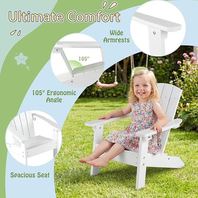 Giantex Kids Adirondack Chair, All-Weather HIPS Children's Outdoor Chair w/Ergonomic Design, Toddler Lawn Chairs for Age 3-8, Kids Beach Chair for Garden Patio Backyard (4,White)