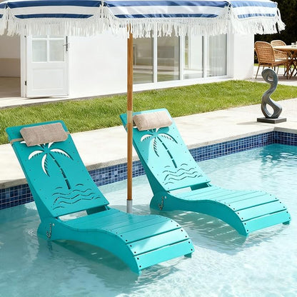 in Pool Lounge Chairs Set of 2, HDPE Pool Chaise Loungers for Sun Shelf up to 9 Inches, Fade-Resistant, 3-Position Adjustable Backrest with Headrest, Ergonomic Poolside Lounger, Blue