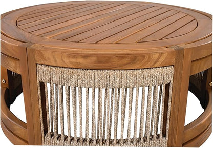 Christopher Knight Home Puekest Acacia Wood Coffee Table with Woven Rope Accents, Outdoor Patio Slatted Round Centerpiece, Boho Chic Garden Sofa Side Accent Table for Modern Decor, 27.95" W, Teak