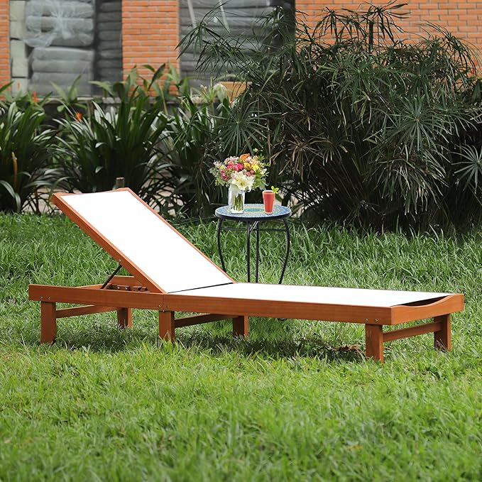 Tangkula Outdoor Wood Chaise Lounge Chair, Patio Chaise Lounger with 5-Position Adjustable Back, Eucalyptus Wood Reclining Lounge Chair with Breathable Fabric for Poolside Lawn Backyard (2, White)