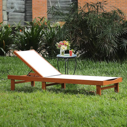 Tangkula Outdoor Wood Chaise Lounge Chair, Patio Chaise Lounger with 5 Position Adjustable Back, Eucalyptus Wood Reclining Lounge Chair with Breathable Fabric for Poolside Lawn Backyard (1, White)