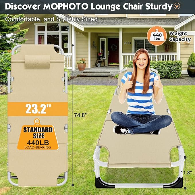 MOPHOTO Beach Lounge Chair, 5-Position Adjustable Tanning Chair with Face Hole, Heavy Duty Folding Chaise Lounge for Beach, Pool, Patio & Sunbathing