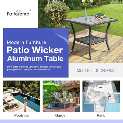 Patiorama Outdoor Wicker Patio Side Table, Weather Resistant Rattan Coffee Table, Square End Table, Aluminum Frame, Grey