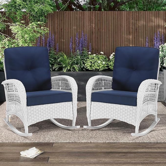 MEETWARM Outdoor Wicker Rocking Chairs Set of 2, Rattan Patio Rocker Chairs with Thick Cushions and High Back, All-Weather Patio Wicker Chair with Safe Rocking Design for Garden, White/Navy