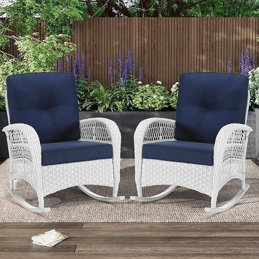 MEETWARM Outdoor Wicker Rocking Chairs Set of 2, Rattan Patio Rocker Chairs with Thick Cushions and High Back, All-Weather Patio Wicker Chair with Safe Rocking Design for Garden, White/Navy