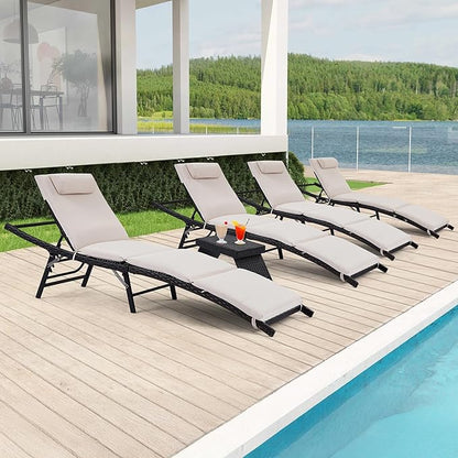 Patio Chaise Lounges 4 Chairs + 1 Coffee Table with Adjustable Backrest and Removable Thick Cushions, 4 Pieces Patio Lounge Chairs + 1 SideTable, Outdoor Folding Cushioned Patio Seating + End Table