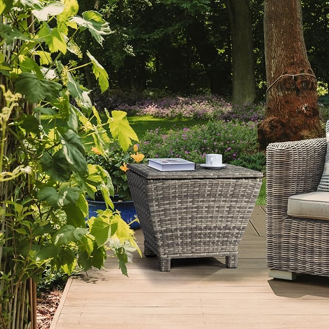 Outdoor PE Wicker Side Table with Storage – 13 Gallon Patio Storage Bin, All-Weather Rattan Coffee Table for Garden - Photo 5