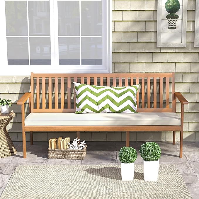 RELAX4LIFE 64’’ Outdoor Bench Acacia Wood - 3-Person Patio Bench w/Slatted Backrest, Armrests & Removable Seat Cushion - Photo 8