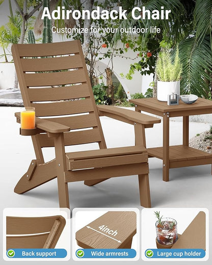 YEFU Folding Adirondack Chairs Set of 4, Oversized Outdoor Patio Chair with Cup Holder & Arc Back, Weather Resistant Plastic Lawn Chair for Garden Backyard Deck Fire Pit, Teak
