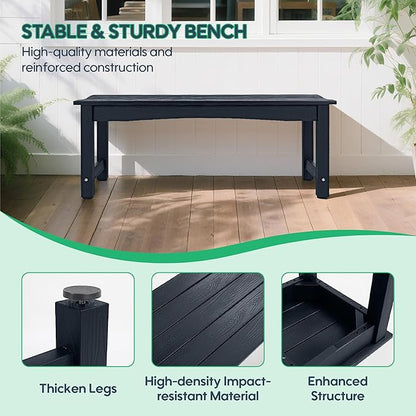 Weatherproof HIPS Outdoor Bench, 2-Person Patio Dining Bench, All-Weather Poly Lumber Garden Bench, Never Rot or Fade, Park Bench with Wood Grains for Porch, Garden, Deck, Entryway, Black