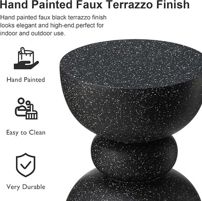 Glitzhome Outdoor Side Table, Round Accent End Table, Lightweight Faux Terrazzo Decorative Garden Stool, 17.25" H Black Planter Stand for Patio Porch Balcony Living Room