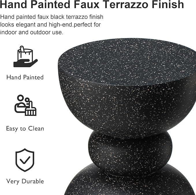 Glitzhome Decorative Patio Side Table Set of 2, 17.5" H Heavy Duty Patio Sturdy Black Faux Terrazzo Garden Stool Side Table Planter Stand for Indoor Covered Outdoor