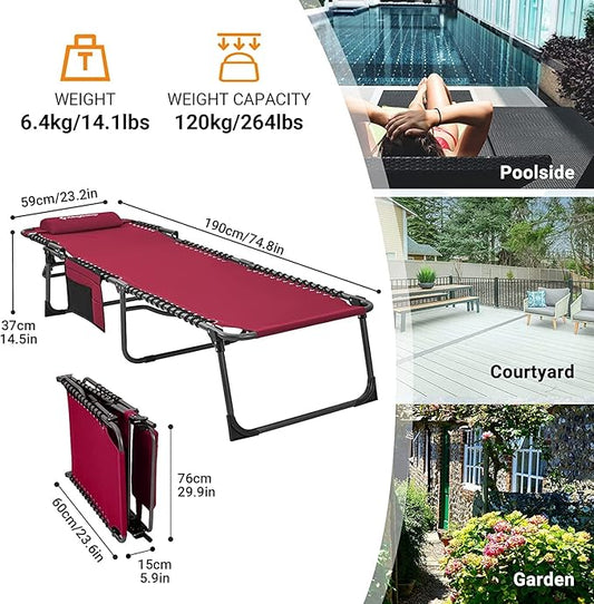 KingCamp Lounge Chair Outdoor, Folding Portable Tanning Chairs Comfy Adjustable 5-Position Lay Flat Foldable Chaise Chaser Lounger with Pillow for Outside Beach Patio Sun Bathing Backyard Pool, Wine