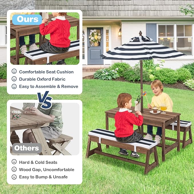HONEY JOY Kids Picnic Table, Outdoor Wooden Table & Bench Set w/Removable Cushions and Umbrella, Stripe Fabric - Photo 5