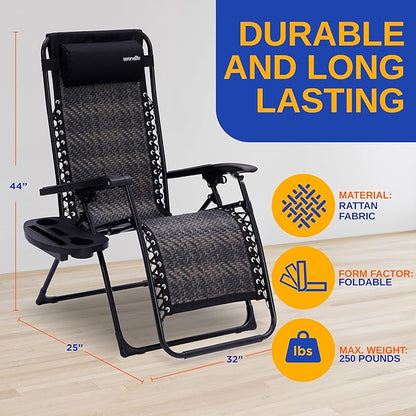SereneLife Outdoor Adjustable Foldable Zero Gravity Lawn Chair – Weather-Resistant Rattan Recliner with Lockable Position, Detachable Side Table & Cup Holder, 265 lbs Capacity, Patio & Camping