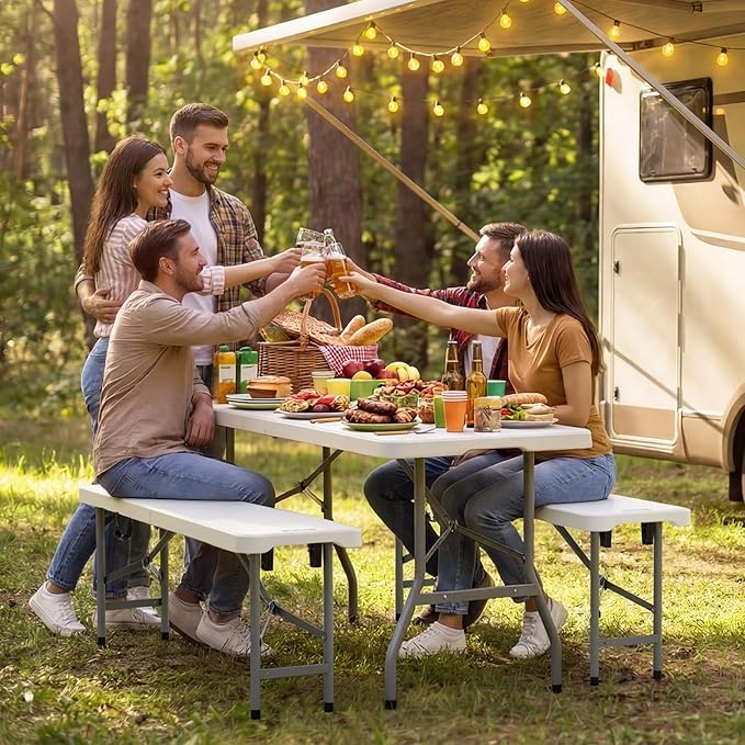 VINGLI 6 feet Plastic Folding Bench,Portable in/Outdoor Picnic Party Camping Dining Seat, Garden Soccer Multipurpose Entertaining Activities, Smooth HDPE Tabletop (2, White, 4ft)