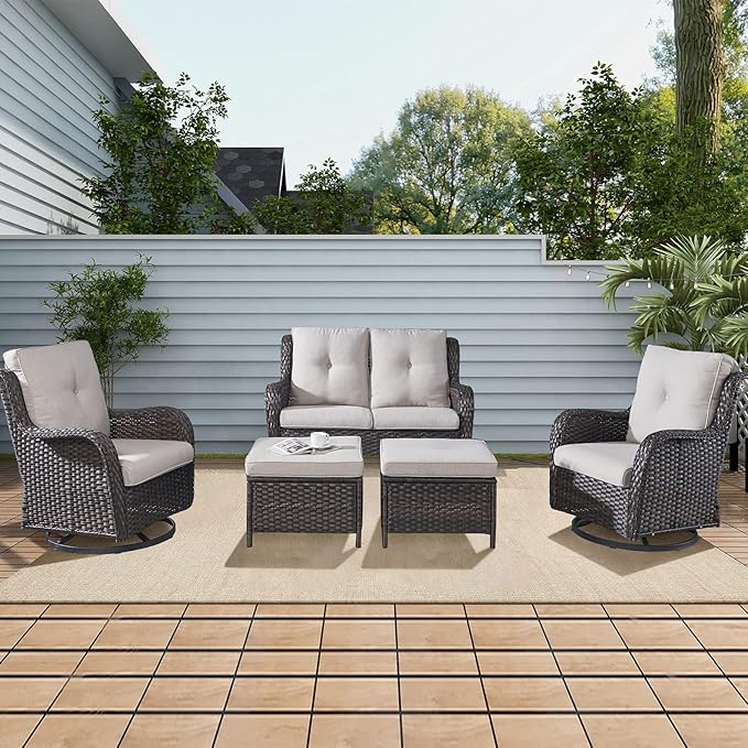 Rilyson Wicker Patio Furniture Set - 5 Piece Rattan Outdoor Sectional Conversation Sets with 2 Rocking Swivel Chairs - Photo 7