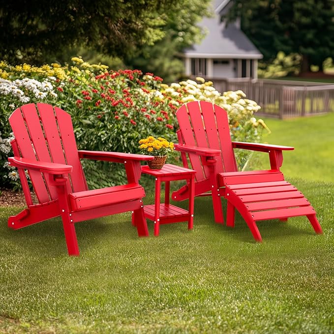 IVY&LANE Outdoor Adirondack Ottoman | Folding | Set of 2 | HDPE | Red | All Weather | Waterproof Patio Footrest for Adirondack Chair | Poly Lumber Foot Rest for Deck Backyard