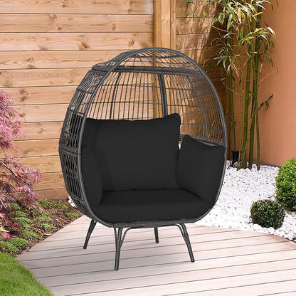 Tangkula PE Wicker Egg Chair, Patiojoy Oversized Indoor Outdoor Patio Lounge Chair with Cushions and Pillows, Steel Frame Basket Chair for Garden, Deck, Balcony, Living Room (Black)