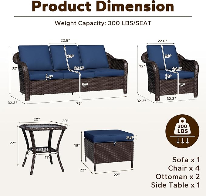 8 Piece Patio Wicker Conversation Set, All-Weather Use Outdoor Wicker Sofa with 2 PE Rattan Ottomans, 4 Chair - Photo 2