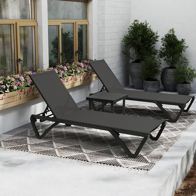 Domi Pool Lounge Chairs Set of 2 with Side Table, Aluminum Adjustable Outdoor Chaise Lounge with Wheels - Photo 6