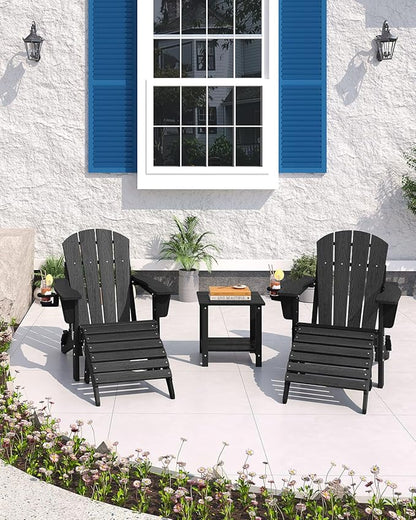 Garvee Folding Adirondack Chair Set of 5, HDPE Outdoor Patio Chair with Cup Holder, All Weather Resistent Wooden Textured for patios, Decks, Gardens, fire Pit, Black