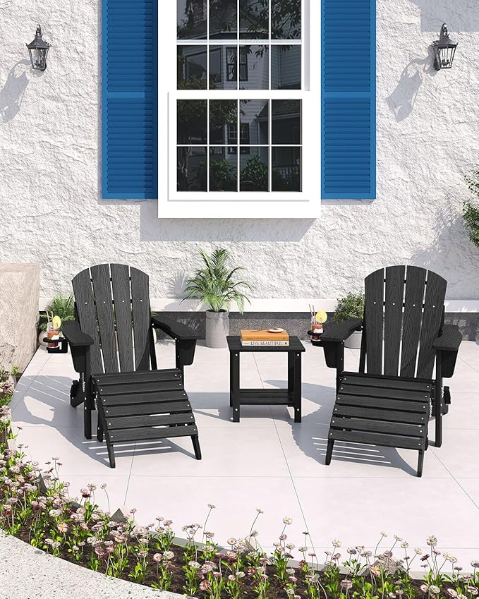 Garvee Folding Adirondack Chair with Ottoman, HDPE Outdoor Patio Chair with Cup Holder, All Weather Resistent Wooden Textured for patios, Decks, Gardens, fire Pit, Black