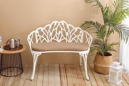 Tulip Patio Garden Bench Metal Park Bench Cast Aluminum Outdoor Furniture with Floral Rose for Patio,Park,Lawn,Yard with Cushion