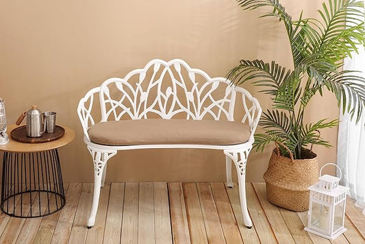 Tulip Patio Garden Bench Metal Park Bench Cast Aluminum Outdoor Furniture with Floral Rose for Patio,Park,Lawn,Yard with Cushion