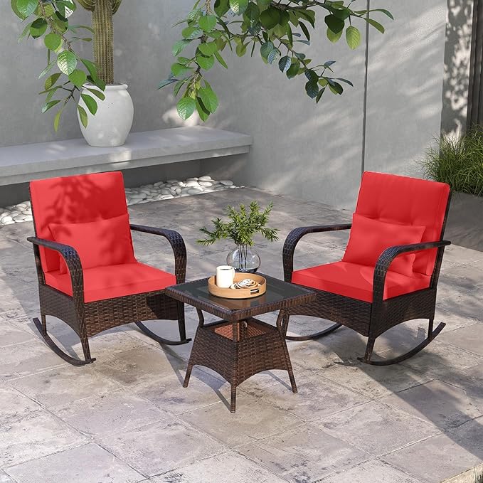 ORALNER 3 Pieces Patio Furniture Set, Outdoor Wicker Rocking Chairs with Cushions, Pillows, Glass Coffee Table - Photo 2