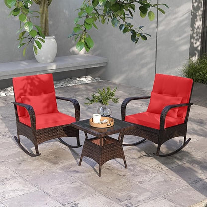 ORALNER 3 Pieces Patio Furniture Set, Outdoor Wicker Rocking Chairs with Cushions, Pillows, Glass Coffee Table, Rattan Bistro Rocker Set for Balcony Front Porch Poolside Garden Deck Yard (Red)