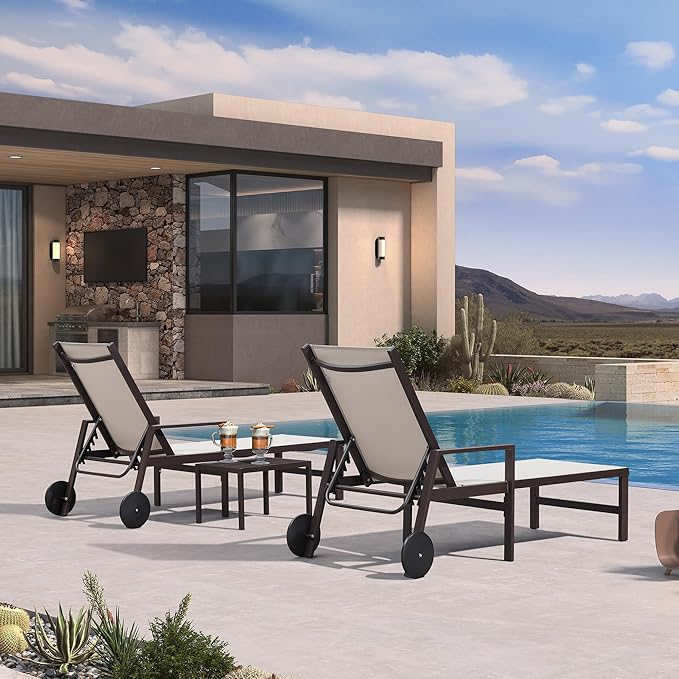 PURPLE LEAF Outdoor Chaise Lounge Chair Set of 2 with Armrests, Aluminum Patio Loungers with Wheels and Adjustable Backrest, Includes Side Table for Deck, Outside, Lawn, Garden, Linen