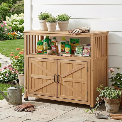 Mederlo Wooden Patio Bar Table Set with Storage, Buffet Cabinet Sideboard for Outdoor and Indoor
