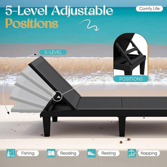 Greesum Outdoor Chaise Lounge Chairs Set of 4 with 5-Position Adjustable Backrest, Waterproof PP Sun Loungers for Garden Pool Beach Patio Deck Sunbathing, Black