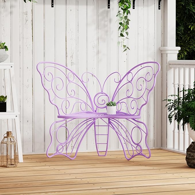 36 Inch Outdoor Bench, Cute Garden Bench with Metal Frame, Weatherproof Butterfly Front Porch Benches for Lawn, Garden, Yard, Balcony, Purple