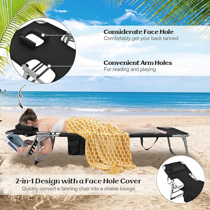 GYMAX Tanning Chair, Folding Lounger with Face/Arm Holes, Carry Handles & Side Pocket - Photo 4