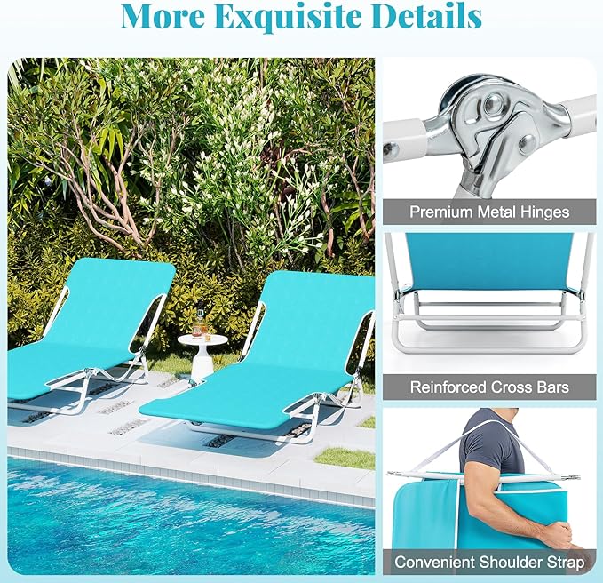 GYMAX Tanning Chair, 2Pcs Folding Beach Chairs with Adjustable Backrest, Footrest, 330lbs Capacity & Shoulder Strap, Portable Layout Sunbathing Loungers for Outside, Patio, Poolside (Turquoise)