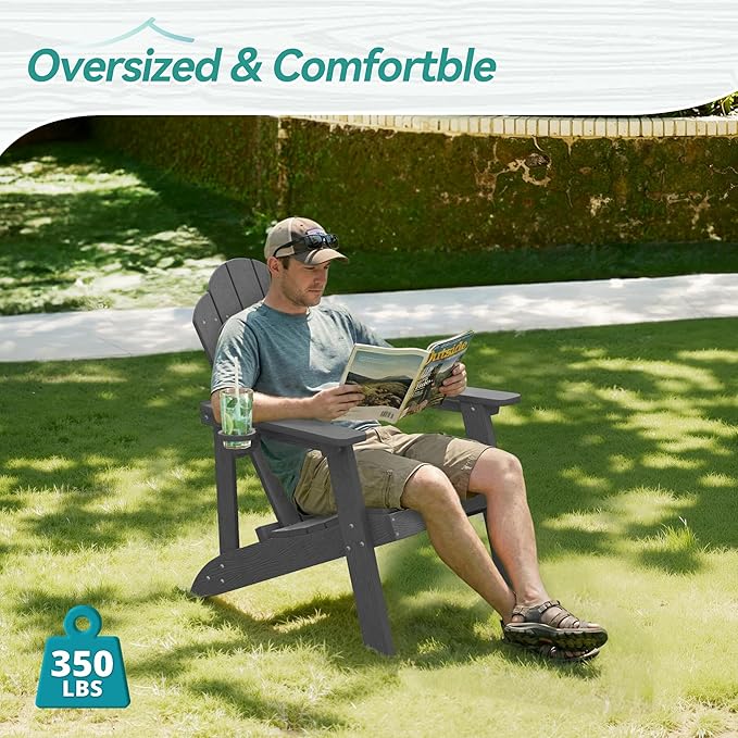 Matte HDPE Adirondack Chairs Set of 2, Weather Resistant Outdoor Seating with Hidden Cup Holder for Porch, Urban Patio, Deck & Fire Pit, Dark Gray