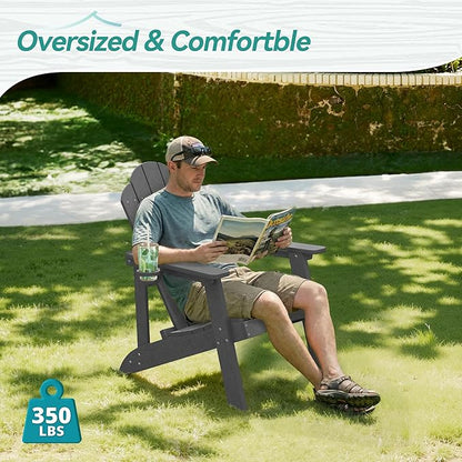 Matte HDPE Adirondack Chairs Set of 2, Weather Resistant Outdoor Seating with Hidden Cup Holder for Porch, Urban Patio, Deck & Fire Pit, Dark Gray